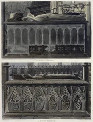 Drottning Philippas och drottning Eleanors gravar, tavla 51 från Westminster Abbey, graverad av J. Bluck (fl.1791-1831), utgiven av Rudolph Ackermann (1764-1834) 1812 (akvatint).